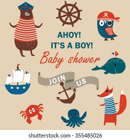 Baby shower invitation with cute animals in nautical style