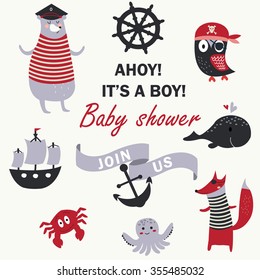 Baby shower invitation with cute animals in nautical style