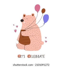 Baby shower invitation with cute bear and balloons on white background. Happy birthday and let's celebrate. Vector illustration