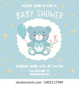 Baby shower invitation with cute bear and blue balloon. Design template invitation card for baby and kids new born celebration. 