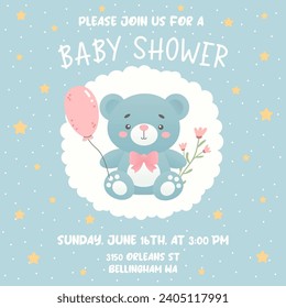 Baby shower invitation with cute bear and pink balloon. Design template invitation card for baby and kids new born celebration. 