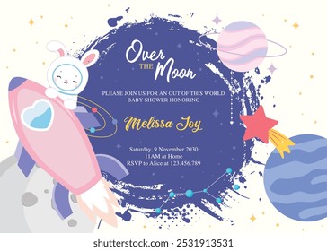 baby shower invitation with a cute bunny astronaut and space elements