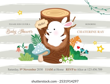 baby shower invitation with cute bunny in stripes background