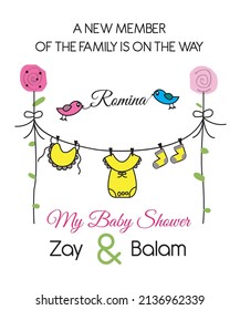 Baby Shower invitation with cute clothes drying rack, flowers and birds for greeting cards, children's albums, boys girls, gender reveal parties for a boy. "It's a girl"