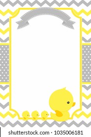 baby shower invitation with cute duck mom and baby ducks on chevron pattern and polka dots background 