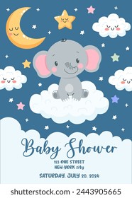 Baby-Dusche-Einladung mit niedlichen Elefanten und Wolken. Design Vorlage Einladungskarte für Baby Neugeborenenfeier. Babydusche Poster Banner Vorlage mit Babytiercharakter im Cartoon-Stil.