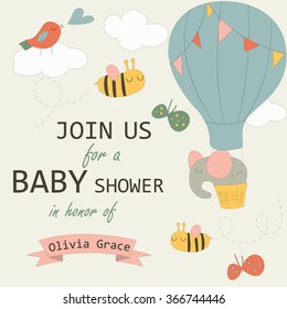Baby shower invitation with cute elephant on air balloon, butterflies and bees.