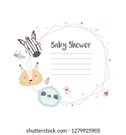 Baby Shower Invitation with cute hand drawn animals zebra, sloth, squirrel. Baby Shower Card Template.