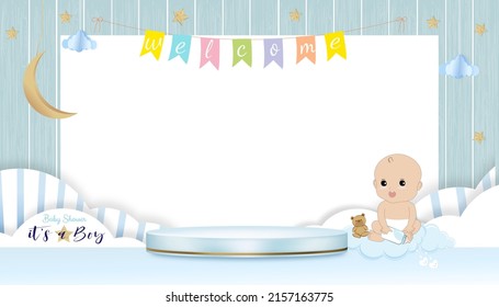Baby shower invitation with Cute little boy sitting with teddy bear,Paper art cloudscape, Crescent Moon,Star and 3D Podium on wooden wall background,Vector card with copy space for Baby's photo