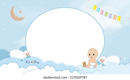 Baby shower invitation with Cute little boy holding milk bottle sitting with teddy bear,Paper art cloudscape, Crescent Moon,Star on blue background,Vector card with copy space for Baby's photo