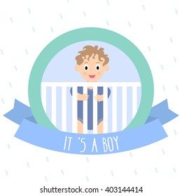 Baby Shower Invitation with cute little boy. Newborn baby vector illustration. 