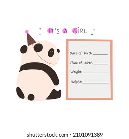 Baby shower invitation with cute panda and poster with empty space on white background. It's a girl and happy birthday. Vector illustration