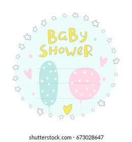 baby shower invitation with cute pink and blue balloons, boy or girl symbols