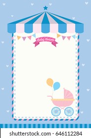 Baby Shower Invitation Cute Template Card For New Born, Design With Baby Carriage On Carnival Tent Decorated With Buntings On Blue Pastel Color Background.