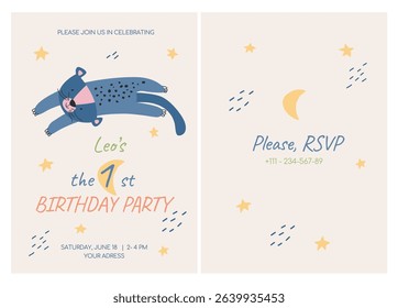 Baby shower invitation with cute tiger, moon and stars. Vector Printable kids card. Child greeting with wild animal. Flat vector illustration