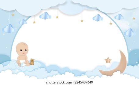 Baby shower invitation with Cute twin boy holding milk bottle sitting with teddy bear,Paper art cloudscape, Crescent Moon,Star on blue background,Vector card with copy space for Baby's photo