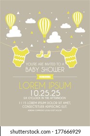Baby Shower Invitation Design with Air Balloons and Baby Clothes in Vector