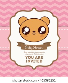 Baby Shower invitation design represented by kawaii bear cartoon. Pastel color illustration.