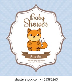 Baby Shower invitation design represented by kawaii fox cartoon. Pastel color illustration.