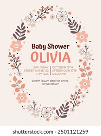 Baby shower invitation design in scandinavian, boho, minimalist style in beige neutral pastel colors.Floral frame.