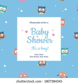 Baby Shower invitation design template. It's a Boy! Card with little owls and stars pattern on bluebackground. -  Vector illustration