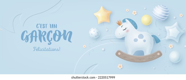 Baby shower invitation design template with realistic cartoon horse. French lettering. Translation from French it's a boy. Vector illustration