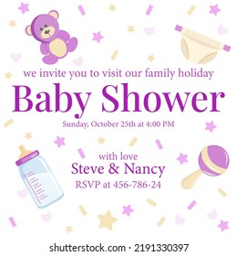 Baby shower invitation. Diaper, bottle, teddy bear and rattle.