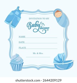 Baby shower invitation with elegant frame and blue flat illustrations, perfect for welcoming a newborn boy, birth announcements, or greeting card designs