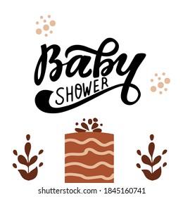 Baby shower invitation elements: hand lettering, gift box, abstract decorative elements. Rustic hand drawn modern baby art