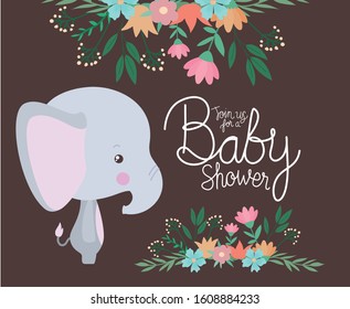 Baby Shower Invitation With Elephant Cartoon Design, Party Card Decoration Love Celebration Arrival And Born Theme Vector Illustration