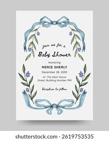 Baby shower invitation with floral frame and ribbon illustration. Perfect for card, poster, flyer