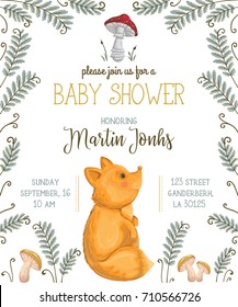 Baby shower invitation with fox, mushrooms, flowers, leaves and fern. Cute cartoon character. Hand drawn vector illustration in watercolor style