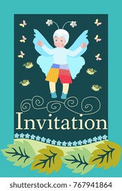Baby shower invitation with funny small boy in a butterfly costume, Vertical vector template.