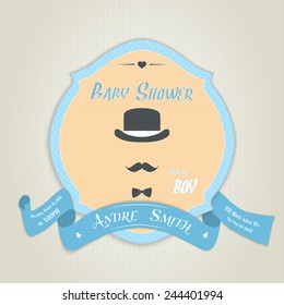 Baby shower invitation with gentleman with bow tie, hat and mustache. Made in vector illustration