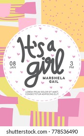 Baby Shower Invitation. It's a Girl! 
Baby Girl Announcement Card Template. 
