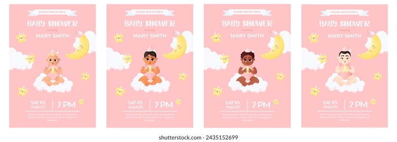 Baby shower invitation. Baby girl shower card set. Vector illustrations in cartoon style with multiracial babies, moon and stars in night cap, typography. 