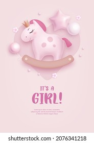 Baby shower invitation for baby girl with cartoon horse and helium balloons on pink background. It's a girl. Vector illustration