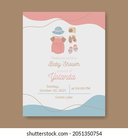 Baby shower invitation for baby girl with dress hat camera socks and shoes in warm colors