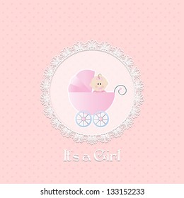 Baby Shower Invitation, with baby girl in stroller and lace frame.Vector eps10,illustration.