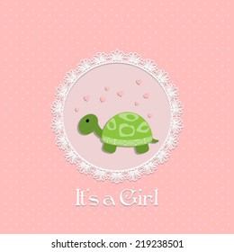 Baby Shower Invitation, with baby girl in turtle and lace frame.Vector illustration.