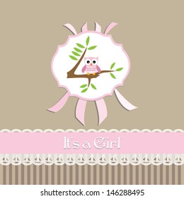 baby shower invitation baby girl,beige background, with owl.Vector eps10, illustration