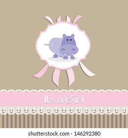 baby shower invitation baby girl,beige background, with hippo.Vector eps10, illustration