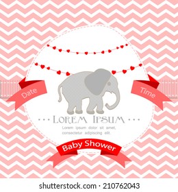 baby shower invitation for girl.Pink chevron background with elephant.Vector eps10,illustration.