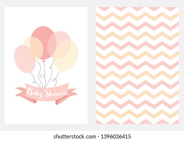 Baby shower invitation for girls Pink balloons ribbon with text Set of 2 cards Pink balloons design elements for baby arrival party Cute zizag hand drawn background Vector illustration Pink templates.