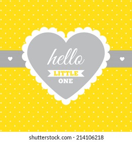 Baby shower invitation "Gray & yellow". Heart shape tag on a yellow polka dot background. For greeting cards etc.
