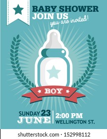 Baby Shower Invitation Greeting Card With Milk Bottle.