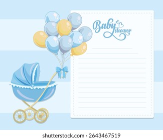 Modelo de cartão de convite ou saudação de chá de bebê com carrinho de bebê azul bonito, perfeito para recém-nascidos chegados e projetos de anúncio de nascimento