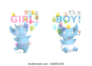 Baby shower invitation or greeting cards. Newborn cute elephants design It's a Boy and It's a Girl animal realistic cartoon with balloons birthday party flyer poster design. Artistic 3d vector.