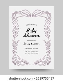 Baby shower invitation with hand drawn floral and ribbon illustration. floral frame. Perfect for card, poster, flyer