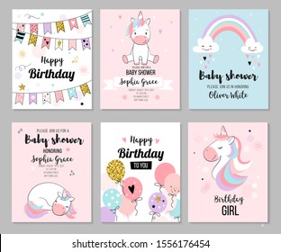 Baby shower invitation and happy birthday greeting card set with cute unicorns. Vector illustration, hand drawn style. 